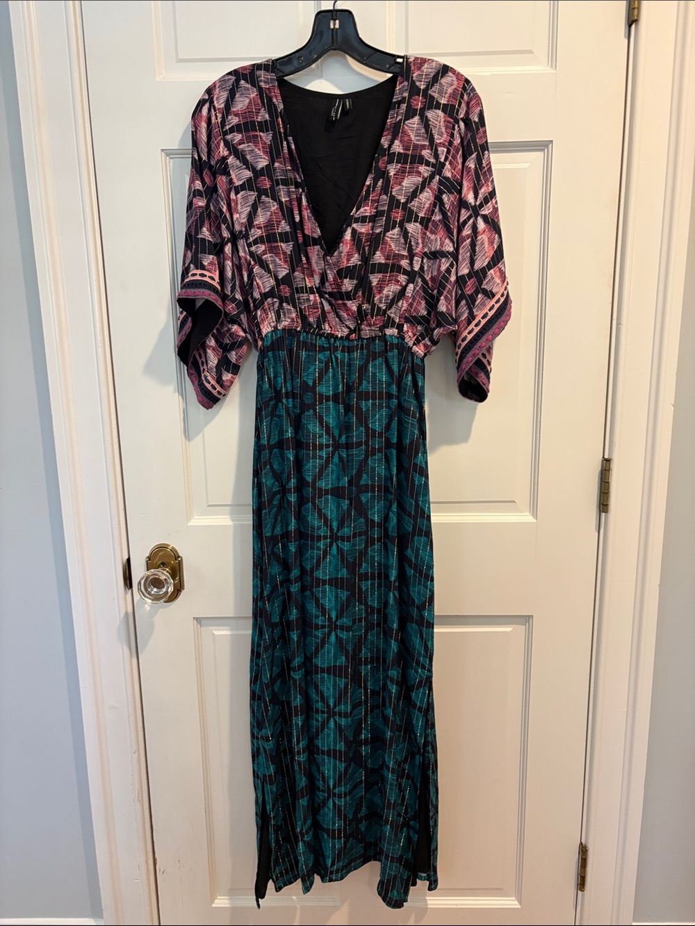 Mixed-Print V-Neck Maxi Dress in Pink and Teal